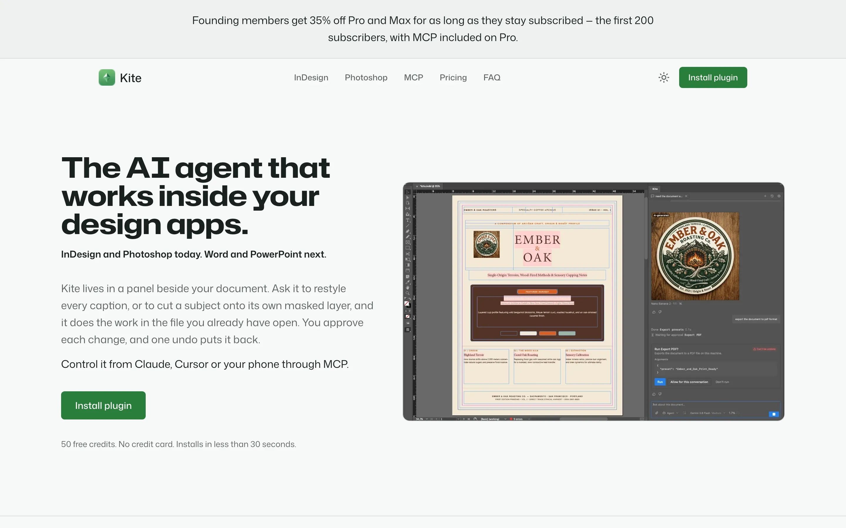 Homepage of Kite, an AI agent plugin for Adobe InDesign and Photoshop